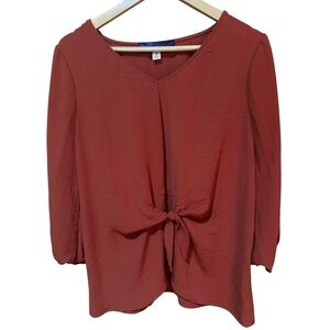 Francesca's Tie-Front V Neck Blouse Blue Rain Terracotta M
